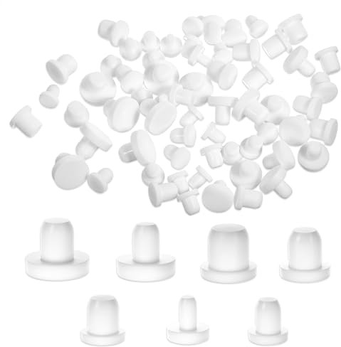 70 Stück 7 Größen Silikon-Lochstopfen, Gummistopfen Weiß Verschlussstopfen Rund Gummi Wasserdicht Knopfloch-Endabdeckungen, Schnappverschluss Lochstopfen, 4-8.5mm Runde Silikonstopfen