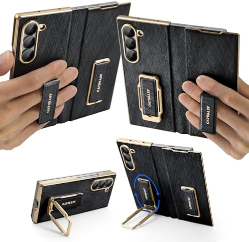 NIFBANG Leder Hülle für Samsung Galaxy Z Fold 7 mit Handy Fingerhalter,360°Drehbar Ständer Lederhülle,Scharnierschutz Stoßfeste Handyhülle Anti-Kratzer Schutzhülle für Z Fold 7 Klapphülle Case,Schwarz