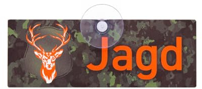 JAGD Autoschild mit 40-mm-Saugnapf – Jagdschild mit Hirschmotiv für Jäger und Jägerinnen, UV-beständiges Aluverbund-Schild für die Autoscheibe, Orange/Camouflage-Grün, 18 x 6,5 cm