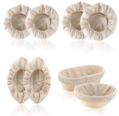 6 Stück Proofing Basket Cloth Liner, 3 Größen Leineneinsatz für Brot Gärkörbchen, Oval Rund Leinentuch Brot Backen Bäckerleinen Teigtuch mit Gummibund für Garkörbe Brot