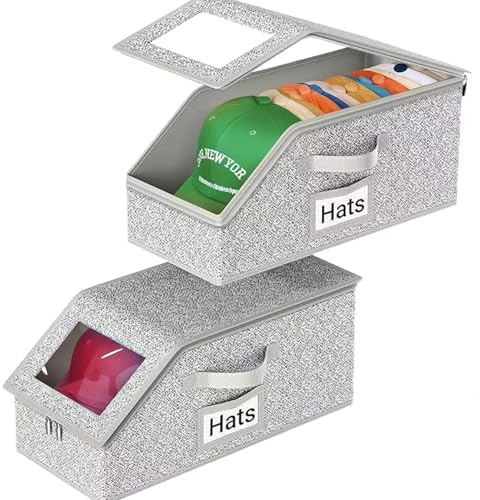 Comforso Stackable Hat Storage Boxes 2 Packs for Baseball Caps,Holds up to 24 Caps with Clear Window & Handles,Large Capacity Flip-Top Access Holder,Dustproof Hat Organizer for Closet & Home Storage