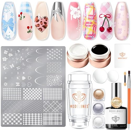 modelones 16Pcs Fall Nail Stamping Kit French Tip Stamper Plaid Stamp Plate