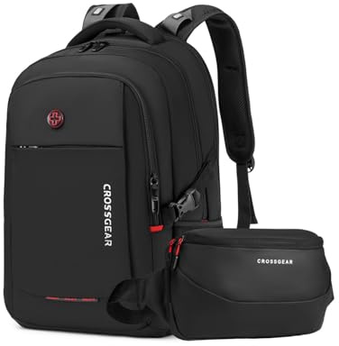 CROSSGEAR Travel Laptop Backpack + Crossbody Sling Bag Set, 30L Black Waterproof Backpack, Fits 14-17.3” Computer, Multi-pocket, Elastic Straps, YKK Zipper, Large Lightweight Work Bag for Men, Women