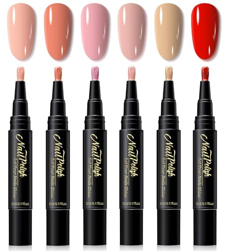DMQ Nail Polish Pens UK, 6PCS Quick Drying Nail Art Pens, One Step 3-in-1 Gel Nail Polish Pen Set, Nude Pink Non UV Gel Nails Polish Crafts Pen, DIY Nail Pens for Girls - No Need Bake