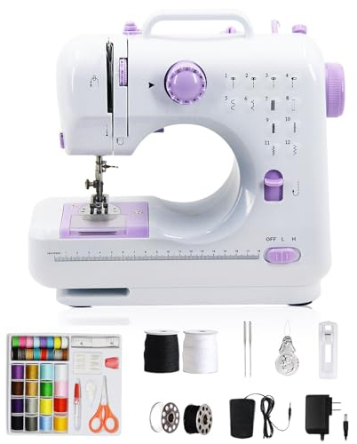 GraceGlow Nähmaschine für Anfänger, Elektrische Nähmaschine Klein, 12 Stichprogramme, Handnähmaschine, Mini Tragbare Nähmaschine mit LED-Licht, Pedal und Set