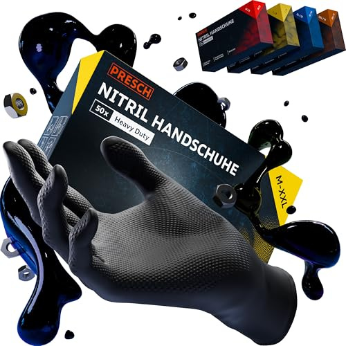 PRESCH Heavy Duty Einweghandschuhe Schwarz 50 Stk. (XL - 10) - Nitrilhandschuhe mit Diamantenstruktur für stärksten Grip - Extra dick & reißfest - Einmalhandschuhe latexfrei & puderfrei