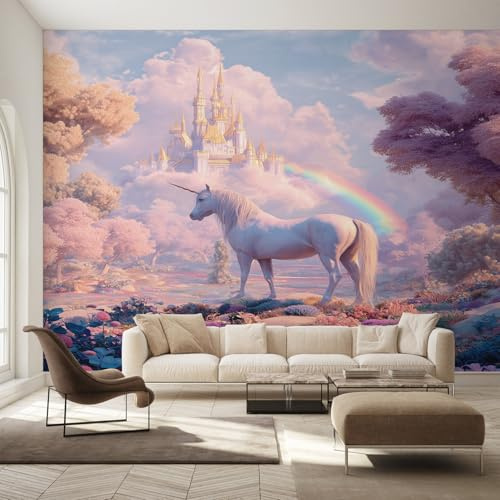 Non-Woven Unicorn Wallpaper - Girly Dreamy Castle Wall Mural for Bedroom, Living Room Background Decoration, Home Decor Photo Wall Paper 350x256 cm (WxH)
