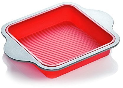 Boxiki Kitchen Antihaft-Silikonform für 8 x 8 quadratische Kuchen und Brownies mit ergonomischen Stahlgriffen, backofen- und spülmaschinenfest