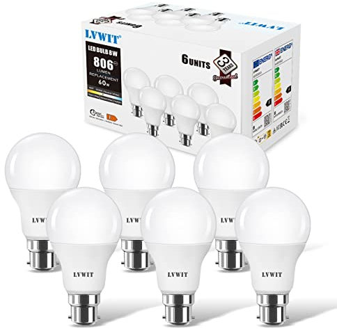 LVWIT Bombillas LED B22, 8.5W equivalente a 60W, 806 lúmenes, Bombilla LED Color blanco neutro 4000K, No regulable. Pack de 6 Unidades.