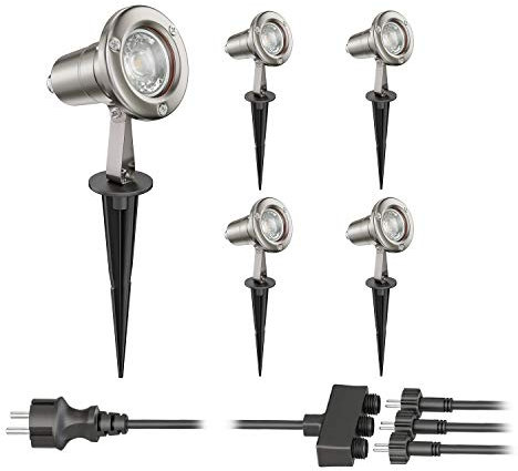 ledscom.de Gartenstrahler MUK mit Erdspieß für außen, Edelstahl, je 29,94W je 483lm 30° warm-weiß 5er Set
