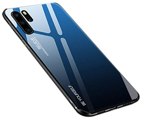 Dqtaoply Dqtaoply für Huawei P30 Pro Hülle, stilvolle Rückseite aus gehärtetem Glas, Silikon-Stoßstangenschutz, Farbverlaufsdesign, stoßfeste, kratzfeste Handyhülle für Huawei P30 Pro – Blau Schwarz