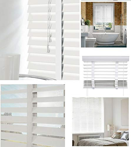 Optimal Products Faux Wood Wooden Venetian Blinds Blind With Tape 50mm Slats White Fittings Included Easy Fit (WHITE, 120X150 CM (48X60))