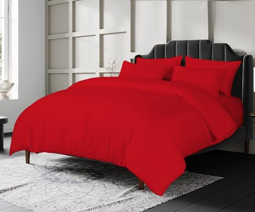 Crescent Collection Luxury 100% Cotton Plain Duvet Cover With Pillow Case Quilt Cover Bedding Set (Red, Super King)