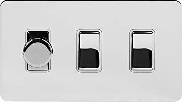 Soho Lighting Polished Chrome Flat Plate 3 Gang Light Switch with 1 Dimmer (2x2 Way Light Switch with 1x Trailing Edge Dimmer) Wht Ins Screwless