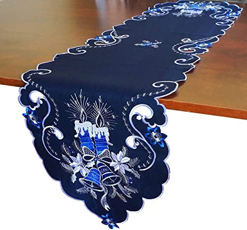 GRANDDECO Tischläufer für Weihnachten, 33 x 172,7 cm, bestickt, Blumenmuster, blaue Kerzen, Kommode, Schal, Tischdekoration für Zuhause, Esszimmer, Weihnachten, Tischdekoration