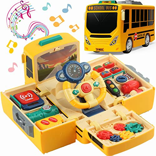 HONGTUO Jouet Autobus Scolaire avec Son et lumière, Simulation de Volant, Jouets pour Enfants avec éducation Musicale, Jouets de Simulation de Conduite, Cadeau pour garçons et Filles de 3 à 5 Ans.