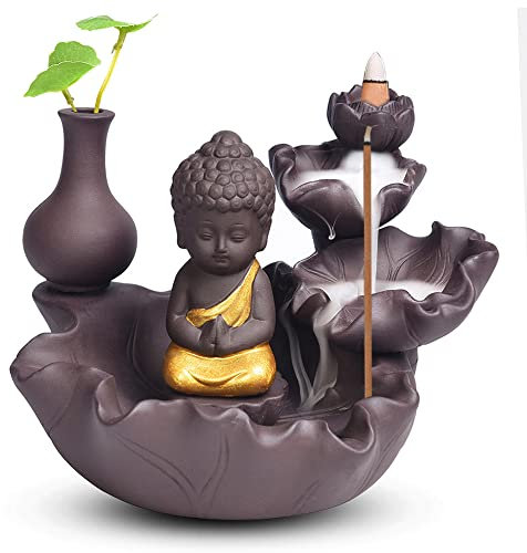 Goldener Buddha Waterfall Backflow Räucherbrenner Burner Wasserfall Weihrauchhalter Incense Holder Goldener Buddha Räuchergefäß Keramik Weihrauchbrenner für Familie Büro Schlafzimmer Ornament