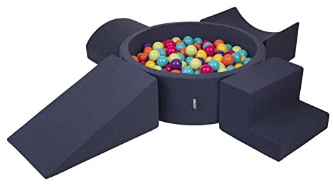 KiddyMoon Spielplatz Aus Schaumstoff Mit Rund Bällebad (300 Bälle) Ballgruben Für Babys Spielbad Hindernisläufen, Hergestellt In Der EU, Dunkelblau:Helgrün/Gelb/Türkis/Orange/Dpink/Violett