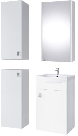 Planetmöbel Badmöbel Set Waschtisch mit Unterschrank 45 x 60 x 33 cm mit Spiegelschrank 40 cm, 2X Midischränke für Badezimmer, Gäste WC & Bad, Weiß