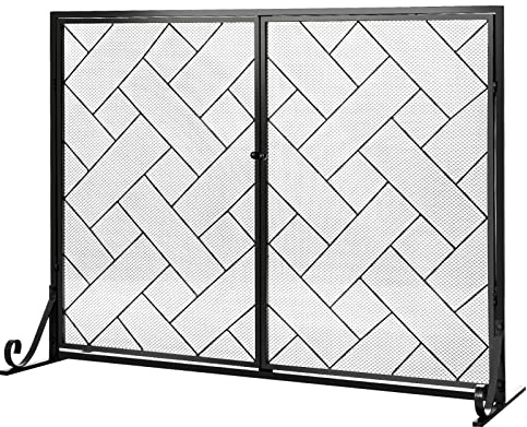 TANGZON Fire Guard with Double Doors, Wrought Iron Mesh Fireplace Screen with Stand, Indoor Outdoor Spark Flame Protection Barrier for Open Fire, Pet, Child & Baby, 113x40x85cm (Black)