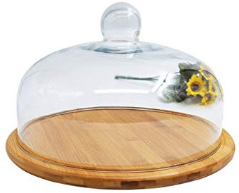 XOOPIT Tapa para el microondas,Cúpula de Cristal para Tartas, Bandeja de Madera para Pasteles, Tapa sellada para conservación de Aperitivos, cúpula de exhibición de postres, cristalería pa