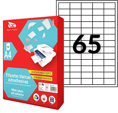 Raylu Paper® - Etiquetas Autoadhesivas A4 Blanco para Imprimir | 100 Hojas de Papel Adhesivo, Compatibles con Impresora Inkjet, Láser y Fotocopiadora | 65 Pegatinas Adhesivas (38 x 21,2 mm)