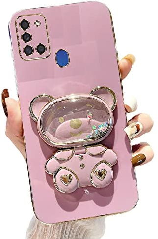 Rnrieyta Miagon Bär Spiegel Ständer Hülle für Samsung Galaxy A21S,Cute Mädchen Dünn Treibsand Glitzer Galvanisierte Schutzhülle Weiches Case Bumper mit Spiegel Halter Kickständer