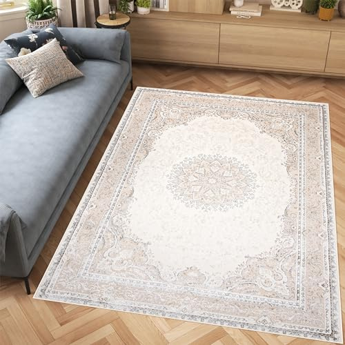 TAPISO Hera Teppich Kurzflor Glänzend Creme Beige Grau Traditionell Bordüre Ornament Floral Blumen 3D Effekt Wohnzimmer Schlafzimmer ÖKO-TEX 80 x 150 cm