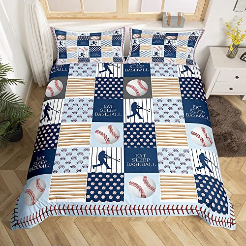 Teens Baseball Tröster Abdeckung,Jungenball Patchwork Bettbezug,Softball Baseball Spieler Gitter Plaid Bunte Bettwäsche,Geometrische Gestickte Linien Quilt Cover Reißverschluss Schließen 135x200