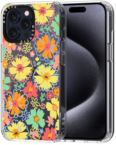 MOSNOVO Case for iPhone 15 Pro Max, [Buffertech 6.6ft Military-Grade Drop Protection] [Anti Peel Off Tech] Clear TPU Bumper Phone Case Cover Design - Retro Boho Hippie Flowers