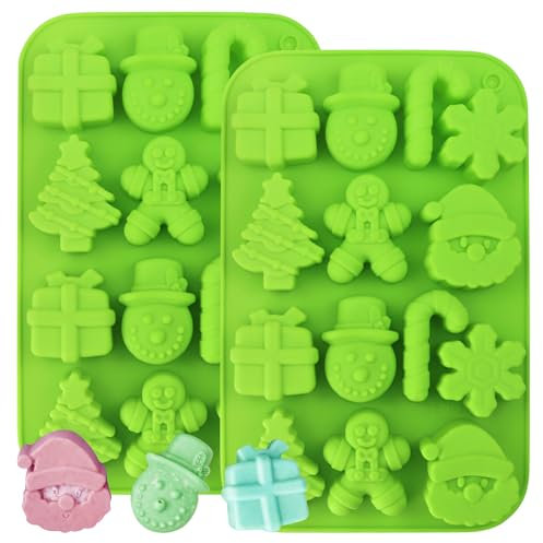 Christmas Silicone Mould, 2Pcs Christmas Tree Snowman Santa Snowflake Shapes Cake Moulds Soap Candy Chocolate Fondant Muffin Jelly Trays Baking Molds for Xmas New Year Cake Decoration