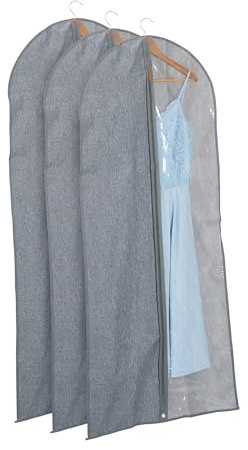 Relaxdays Langes Kleidersack 3er Set, mit Reißverschluss, 135 x 58 cm, Schutzhülle Anzug, Kleid, Hemd, grau/transparent