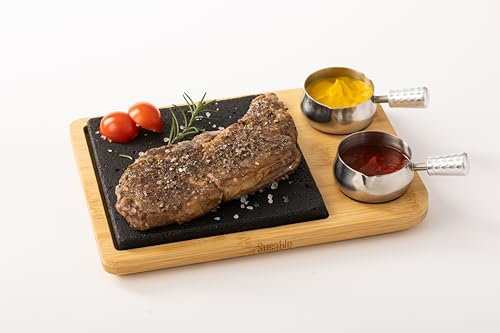 Susable Lava Stone Steak BBQ Serving Board Set, Hot Stone Stone Grill Set Made of Bamboo Board, Lava Stone, Grilling on Hot Stone, Perfect as a Grill Board, Steak Board, Grill Accessories for Steak,