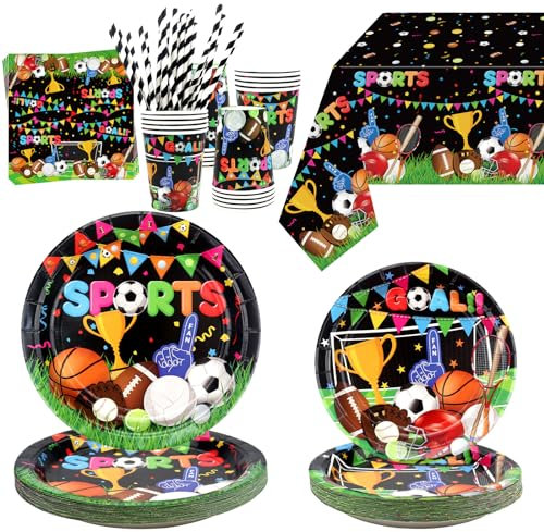 Sports Theme Birthday Party Supplies - Sports Birthday Party Decorations, Including Plates, Tablecloth, Cups, Napkins, and Straw, Soccer Basketball Baseball Football Theme Decoration, Serves 20