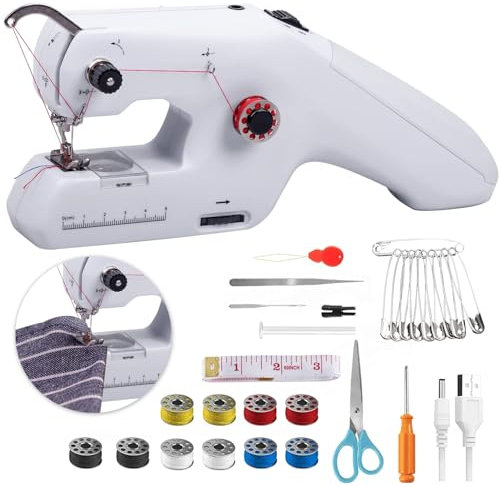 Handnähmaschine mit Doppelfaden, Tragbare Elektrische Mini Nähmaschine für Anfänger mit Nähzubehör Set für Kleidung, Vorhänge, DIY