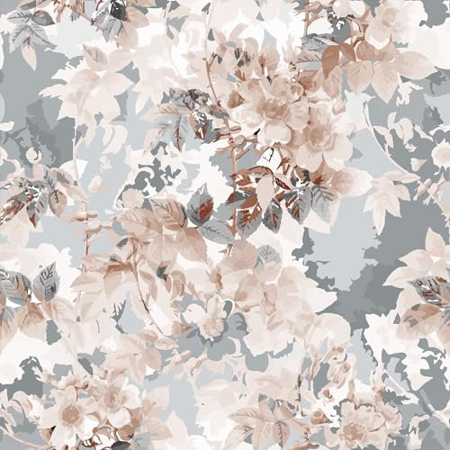 VEELIKE Grey Pink Floral Wallpaper Peel and Stick Wallpaper for Bedroom Bathroom 44.5 cm × 300 cm Watercolor Soft Pink Flower Wall Paper Art Deco Wall Mural Lining Paper for Walls Living Room Cupboard