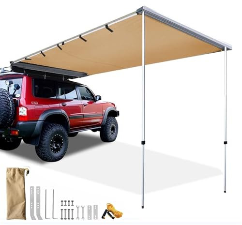 DJJYCTNM Car Overlanding Awning Pull-Out Vehicle Shades, Waterproof Roof Rack Truck Side Awning Shelter SUV Canopy Camper Tent Khaki(Size:160x250cm/5.2x8.2ft)