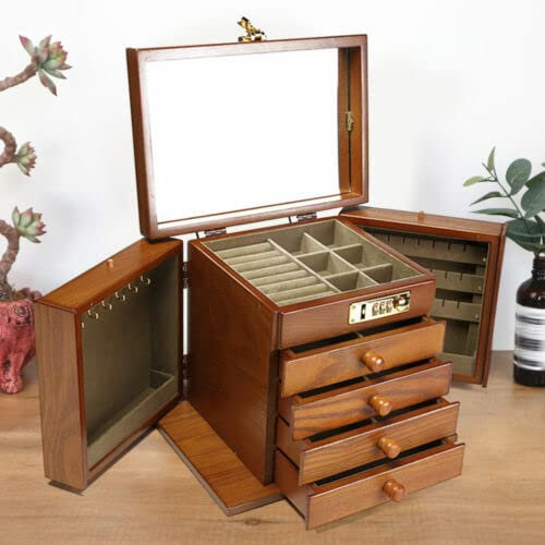 Grande boîte à bijoux en bois à 5 couches avec serrure à combinaison, cadeau de rangement, grande boîte à bijoux, boîte à bijoux, organisateur de tiroirs