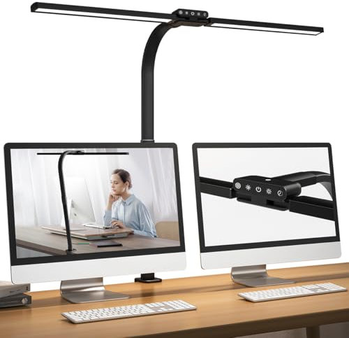 Hapfish Lampara escritorio pinza, 77cm 24W flexo LED escritorio con doble barra de luz, potente lámpara monitor con sensor de luz, para mesa, estudiar, estudio, oficina, trabajo, ordenador pantalla
