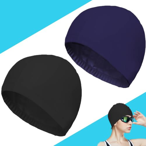 Cómodo gorro de natación de tela, suave gorro de natación unisex, gorro de natación flexible para niñas pelo largo hombres niños niños, gorro de natación ligero, juego de 2 piezas