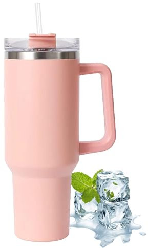 ActivoTex 30oz/900ml Stainless Steel Tumbler with Straw and Lid, Lid and Handle Leak Proof Vacuum Insulated Water Bottle (Pink)