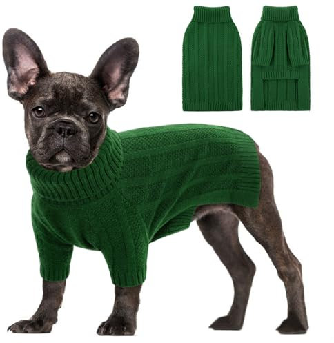 CITÉTOILE Hundepullover Kleine Hunde Warm Hundepulli mit Zopfmuster Winter Hund Pullover Rollkragen Strickpullover für Französische Bulldogge Chihuahua Dackel, Grün, XS