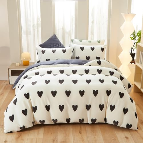Covebett Bettwäsche 155x220 Herzen Schwarz Weiß Flanell Winter Warme Cashmere Touch Biber Winterbettwäsche 2teilig, Flauschig Fleece Bettbezug mit Reißverschluss und 1 Kissenbezug 80x80