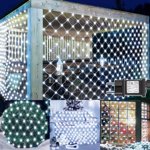 yowin 2 Piezas Red de Luces Navidad Exterior 3x2m 200 LED Luces Cortina con Enchufe, Temporizador, 8 Modos Impermeable Malla Luces para Balcón Jardín Navidad Exterior Interior Decoración - Blanco