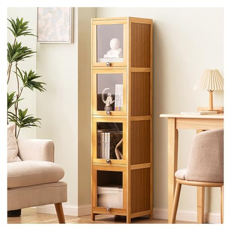 HBOOMOEM Wohnzimmervitrine，Antiker Schrank Mit AcryltüR，Bambus-Aufbewahrungsschrank Mit AcryltüR，Vitrine Mit Acryl-KlapptüRen，KlapptüRdesign, Leicht Zu Reinigen.(Clear,140 * 40CM/55.1in*15.7in)