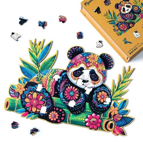 Figured'Art Holzpuzzle Erwachsene und Kinder 200 Teile Tiere - Blumiger Panda - Originelles Design 34x22,5 cm Einzigartige Form mit Premium-Holzkiste