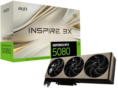 MSI Gaming RTX 5080 16G INSPRIE 3X OC Grafikkarte (16GB GDDR7, 256-Bit, Extreme Clock TBD MHz, DisplayPort x 3 2.1a, HDMI 2.1b, NVIDIA Blackwell Architecture)