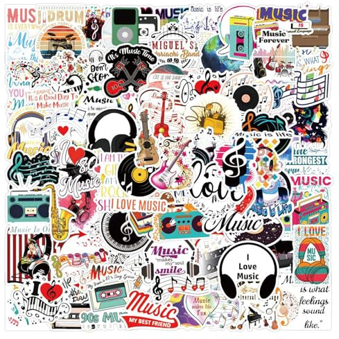 100 Pcs Funny Music Stickers, Waterproof Vinyl Music Stickers for Guitar Piano Band Laptop Water Bottle Phone Scrapbook Skateboard