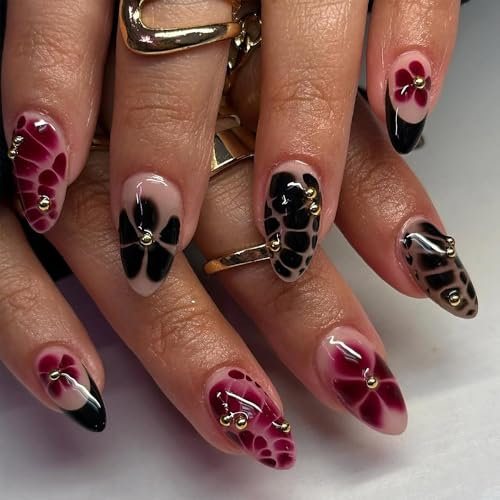 MouyouGlow Press on Nails Kurz,Almond Nude Schwarz French 3D Blumen Floral Aura Autumn Gold Pearl Fake Nails mit Nagelkleber,Black Tip Flowers Acryl Künstliche Fingernägel