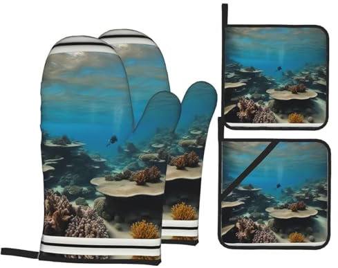 Unterwasser-Ofenhandschuhe und Pfannen-Gestelle, Motiv: Ozeanblick, 4-teiliges Set, Küchenhandschuhe und Pfannenregale zum Kochen